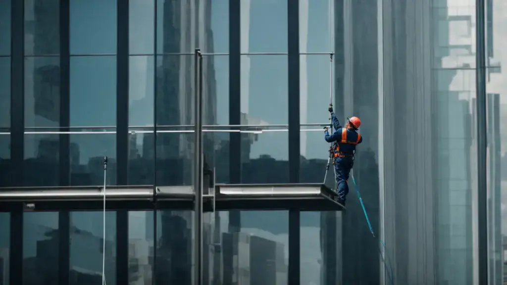 Create an image showcasing a professional window cleaner suspended on a sturdy harness, skillfully wielding a telescopic squeegee and a state-of-the-art water-fed pole system, effortlessly reaching and cleaning the sparkling windows of a towering high-rise.