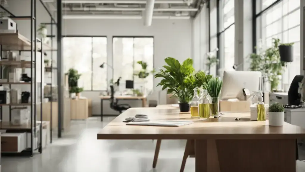 Create an image of a sparkling clean office space with eco-friendly cleaning products, reusable cleaning supplies, and a plant-filled environment. Show the contrast between traditional and eco-friendly cleaning methods.