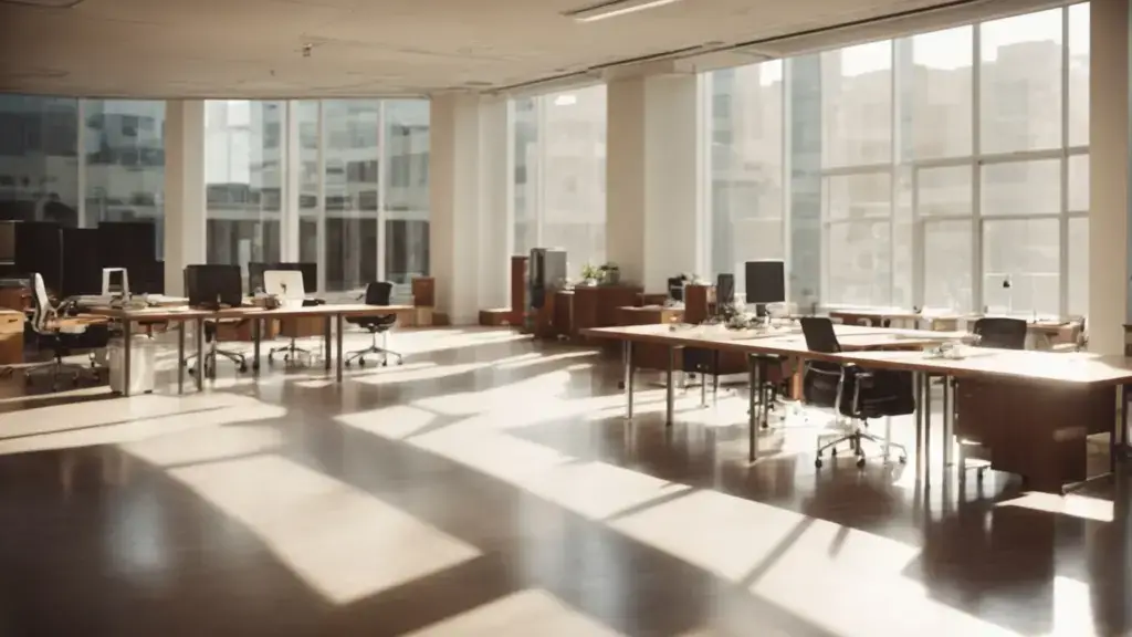 a spacious, spotless office with gleaming desks, clean floors, and sunlight streaming through large windows.