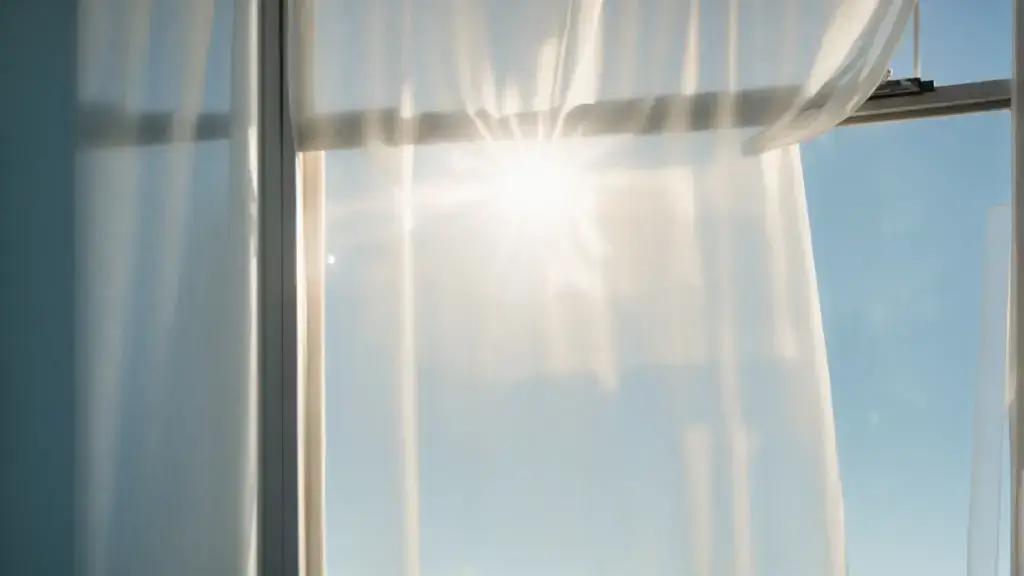 a sparkling clean window with sunlight streaming through, reflecting a clear blue sky.