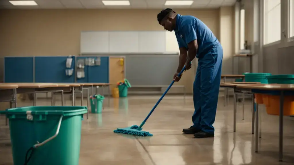 a janitor uses a microfiber mop to clean a classroom floor, with buckets and natural cleaning solutions visible in the background.