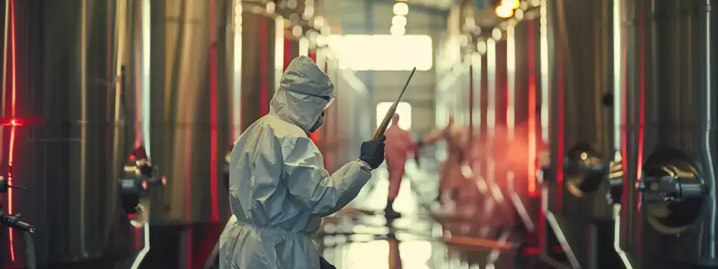 workers in protective gear scrubbing stainless steel tanks in a winery.