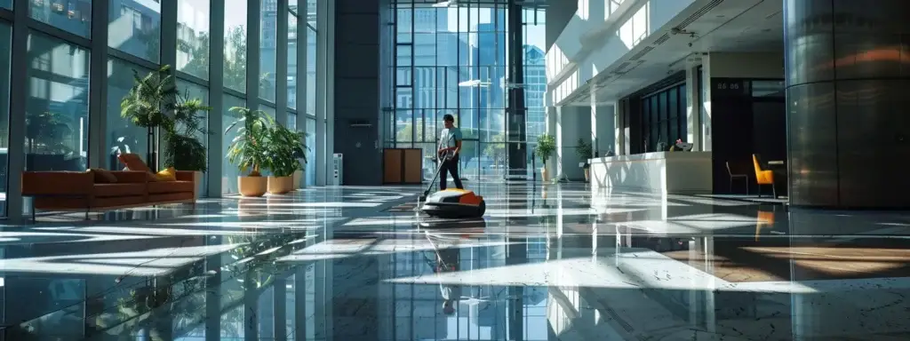 a worker using a high-tech robotic floor cleaner in a bustling office building.