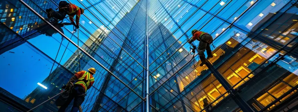 a group of workers using high-tech equipment to clean the windows of a skyscraper.