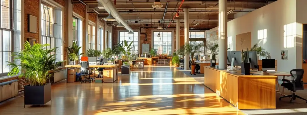 a pristine, gleaming office space with sparkling desks and spotless floors, creating a fresh and healthy environment that reduces sick days in the workplace.