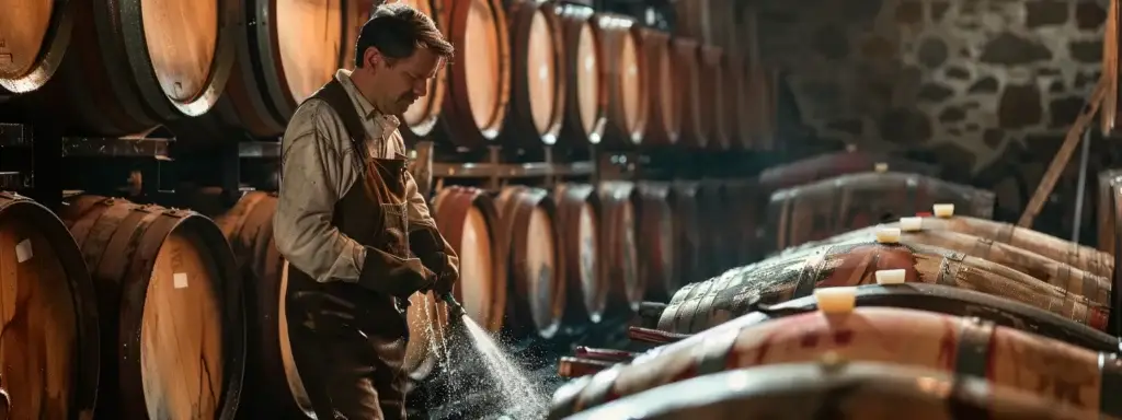 a worker scrubbing wine-stained barrels in a rustic, dimly lit cellar at a temecula winery.