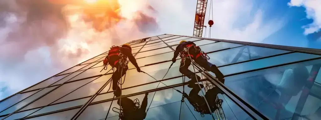 professional window cleaners in harnesses expertly scaling a high-rise office building while a crane lifts up a competitor's expensive cleaning equipment in the background.