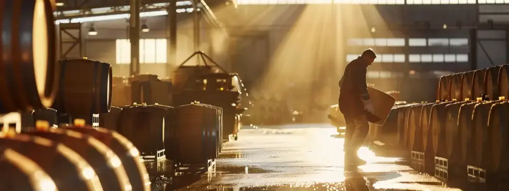 a worker meticulously scrubbing wine barrels in a spacious, sunlit vineyard warehouse.