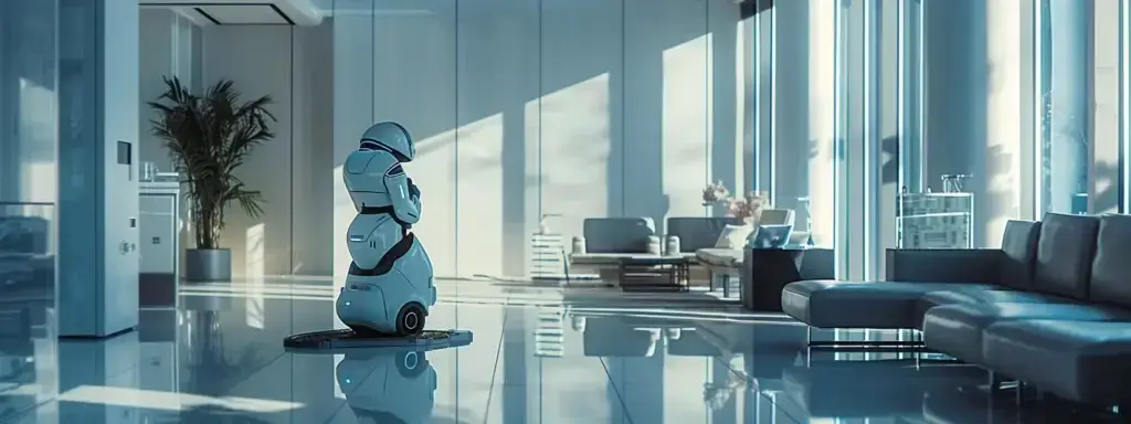 a futuristic robotic janitor efficiently cleaning a sleek, modern office space.