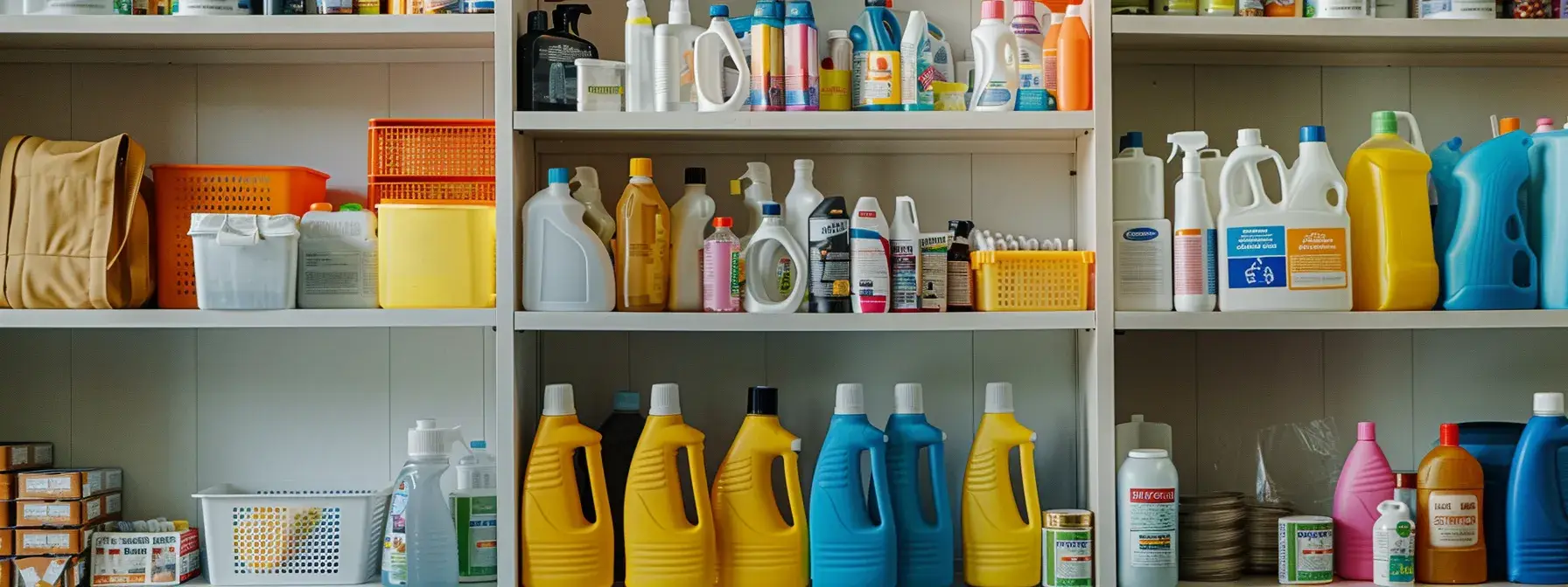 a diverse array of cleaning supplies and tools neatly organized on shelves in a professional office setting.
